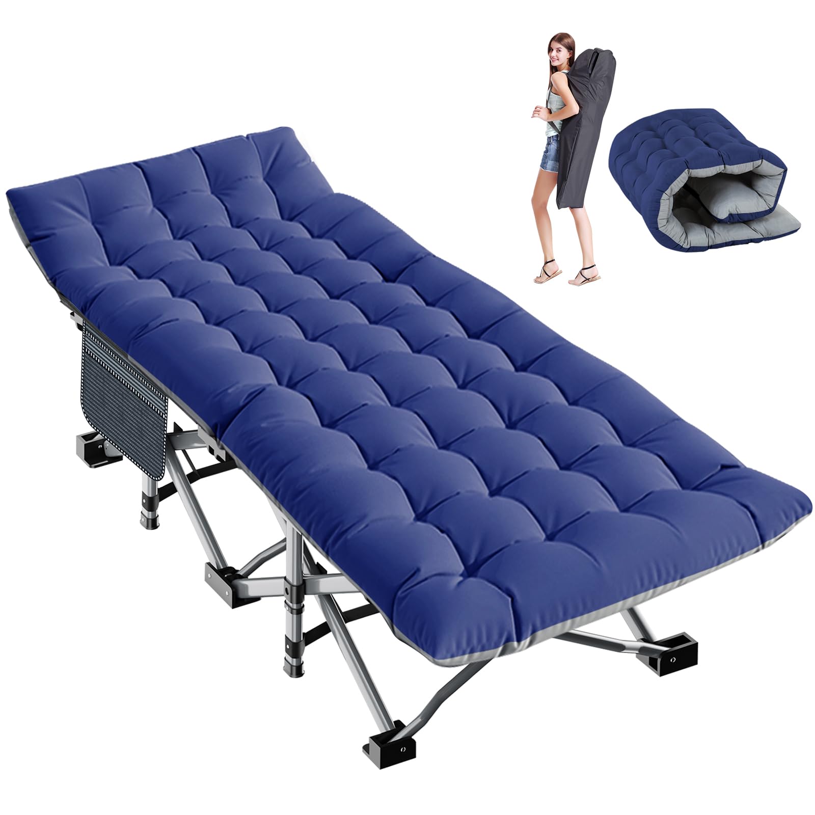 SUNYRISY Camas de camping para adultos, cama plegable resistente para campamento al aire libre con colchón acogedor extraíble, cama de invitados portátil de viaje de gran tamaño de 71 cm, soporta 200