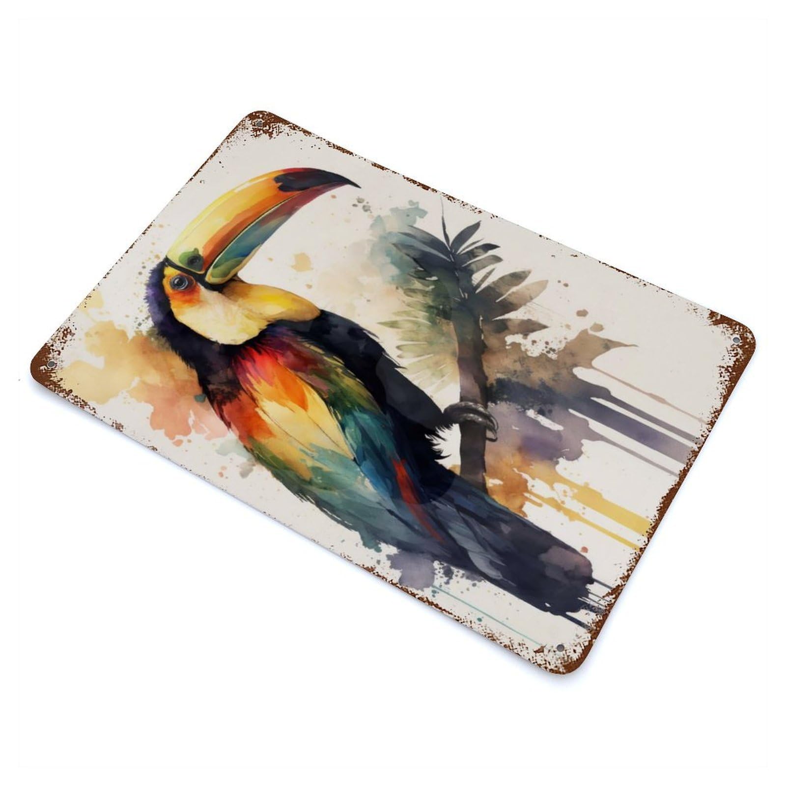 Toucan Bird Watercolor Rust Effect Tin Sign 11.8"x7.9", Ideal for Farmhouse, Kitchen And Entryway Decor