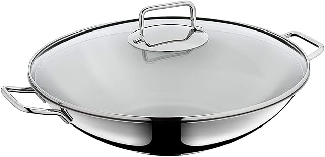 WMF Macao Wok Induction 2-Piece 36 cm with Glass Lid, Polished Cromargan Stainless Steel, Uncoated, 40 x 39.5 x 14 cm
