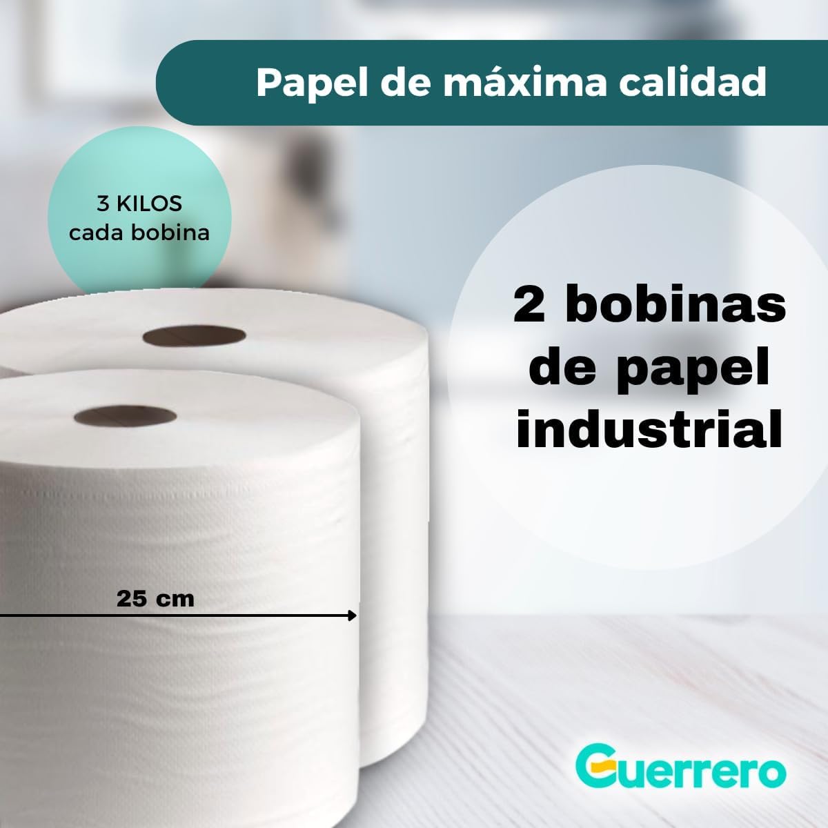 Papel Industrial Secamanos - Rollo Bobina 3kg Profesional - Pack 4 Bobinas Pasta Celulosa Toalla Mecha Desechables - Acabado Laminado para Limpieza en Taller, Cocina (4 BOBINAS, 4 BOBINAS)