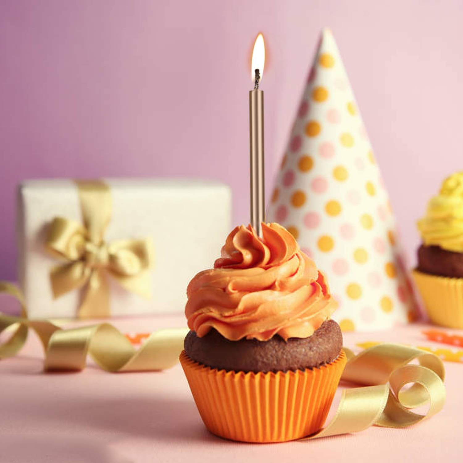 LUTER 24Pcs Metallic Birthday Candles in Holders Tall Birthday Cake Candles Long Thin Cupcake Candles for Birthday Wedding Party Decoration(Champagne Gold) : Home & Kitchen