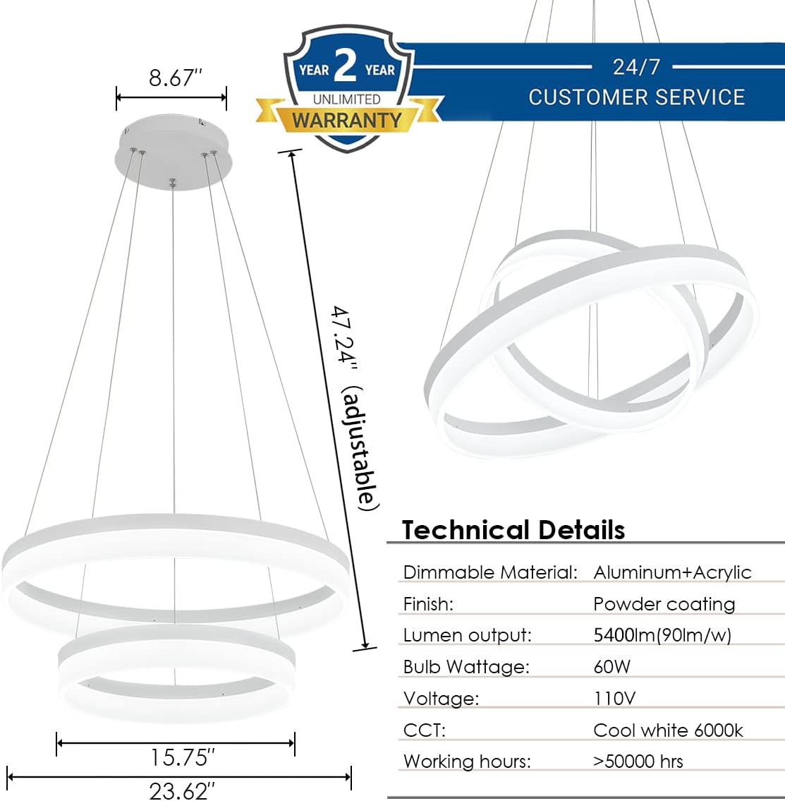 Buy 2 get 3 ROYAL PEARL LED Pendant Light Dimmable 2 Ring Dining Room Modern Chandeliers Contemporary Pendant Lights Ceiling Living Room Light for Kitchen Bedroom Foyer Office,6000K Cool White 5400LM 60W