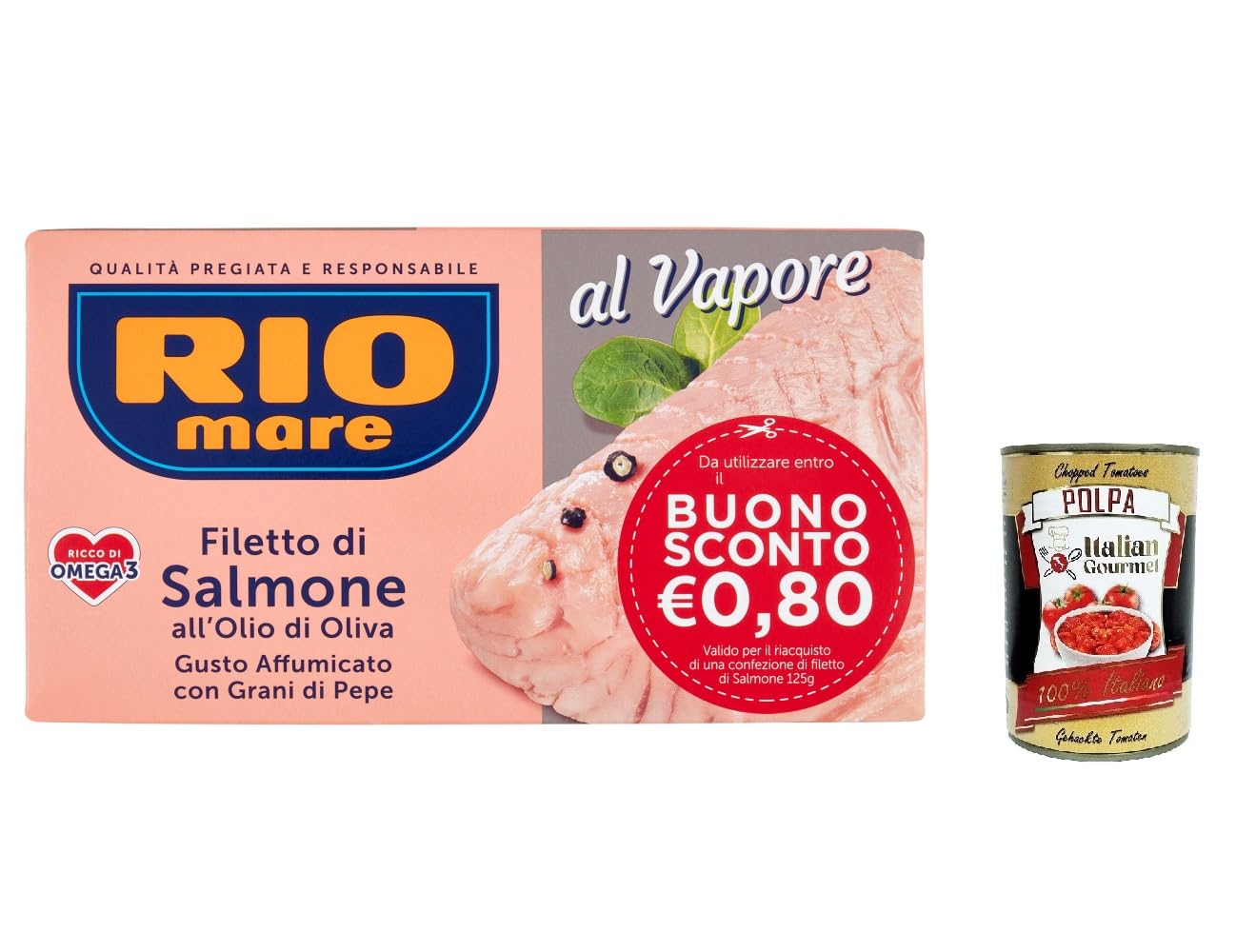 Italian Gourmet Filetto di salmone Olivenöl Pfeffer geräuchert 12 x 125g | Cotto a vapore, zarter Fisch mit Rauchnote, pronto per insalate, antipasti, Gesamtnettogewicht 1,5 kg + Kostenlos Polpa 400g