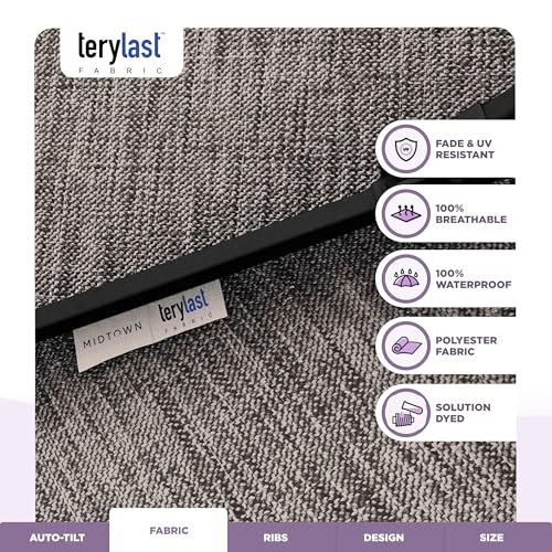 Image of Midtown Umbrellas - 10-Year-No-Fade 9 Ft Patio Umbrella with Terylast Fabric, Auto-Tilt Aluminum Frame and 8 Reinforced Ribs for Deck, Pool, Garden & Beach - Geige Canopy, Black Pole