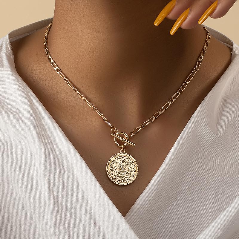 Rrdaily Trendy Gold Large Medallion Pendant Necklace for Women Punk Silver Toggle Clasp Chain Choker Necklace Birthday Anniversary Jewelry Gift3