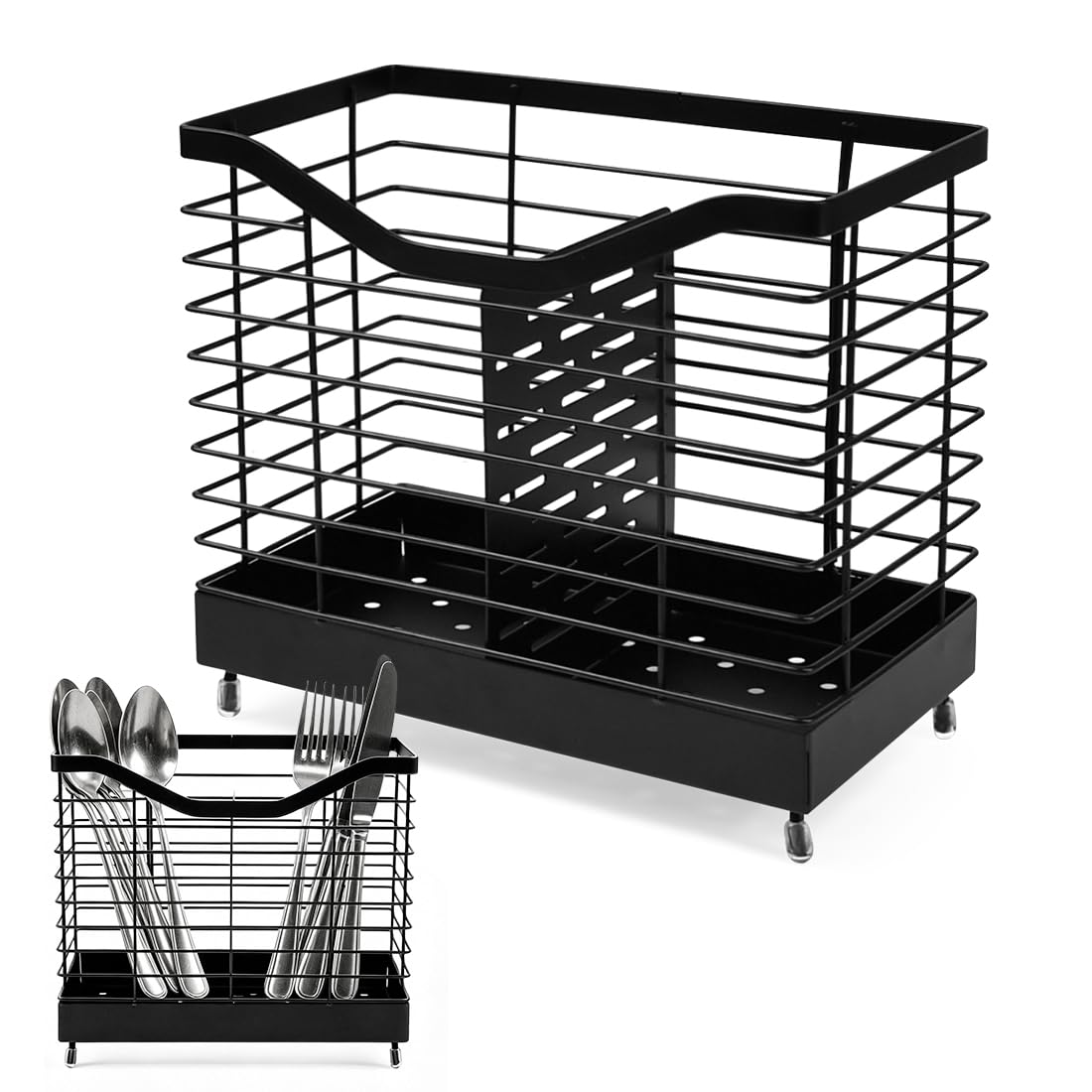 2 Fächer Küchenutensilienhalter Utensilienhalter Schwarz Halter für Küchenutensilien Organizer Metall 20x19x11cm Besteckhalter mit Ablaufboden Besteckkorb Utensilien Caddy für Arbeitsplatte
