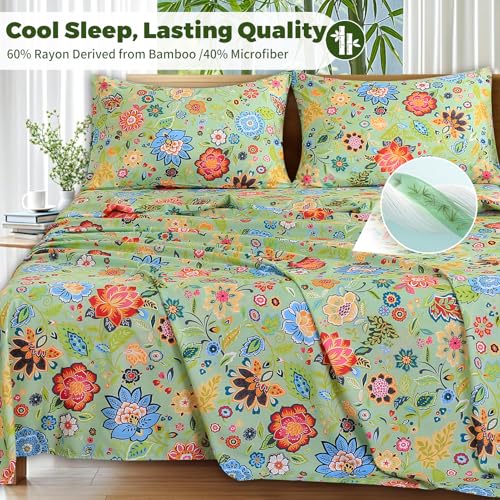 Image of Bedlifes Extra Deep Pocket 18-24 inch Queen 4-Piece Sheet Set - Cooling Sheets Blend Rayon Derived from Bamboo Soft & Breathable Floral Sage Green