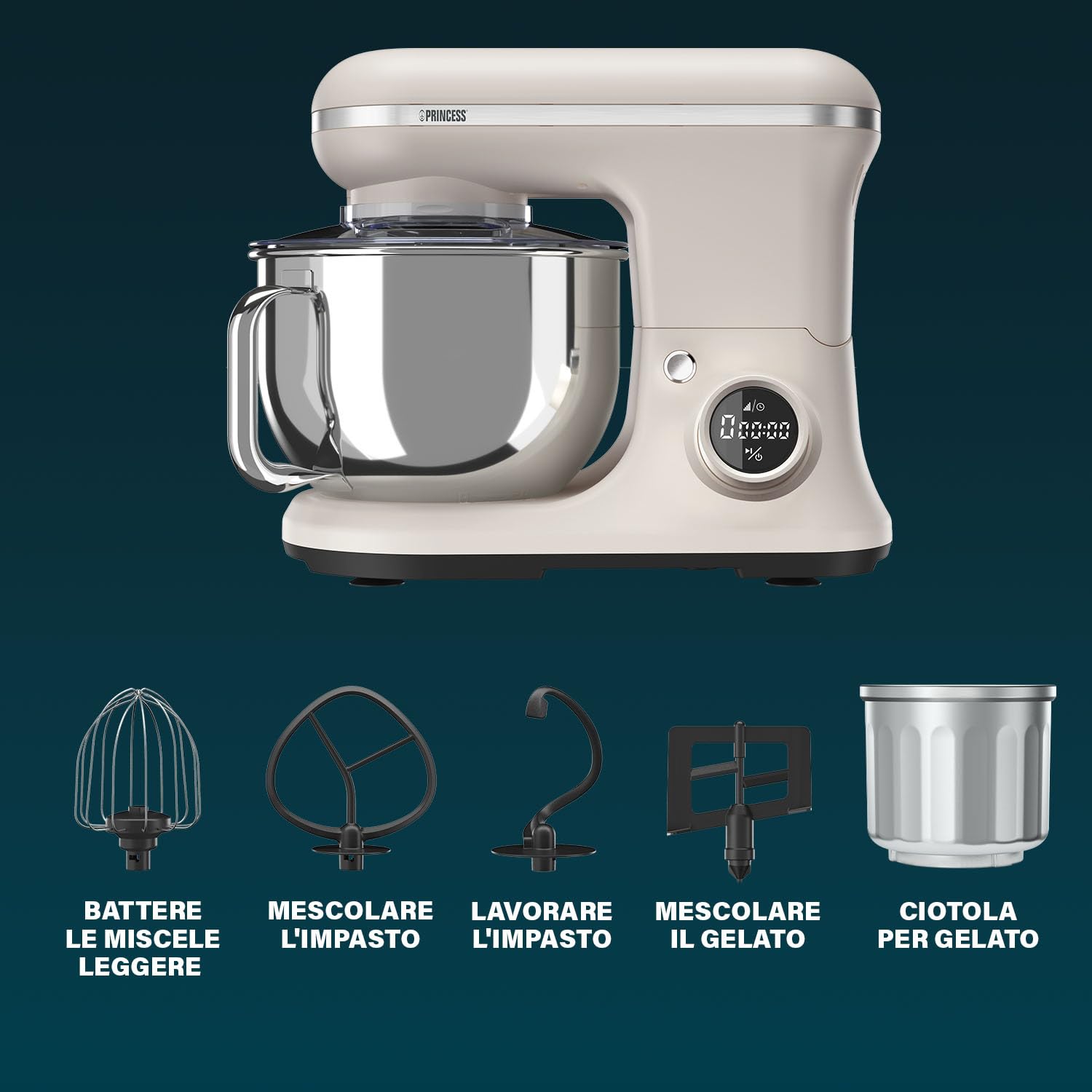 Princess Robot da cucina digitale Nordic, Ciotola 5 L Inox, 8 Velocità, Controllo Digitale, Gelatiera, 1200 W, Senza BPA, Piedini Antiscivolo, Lavabile Lavastoviglie, 220138