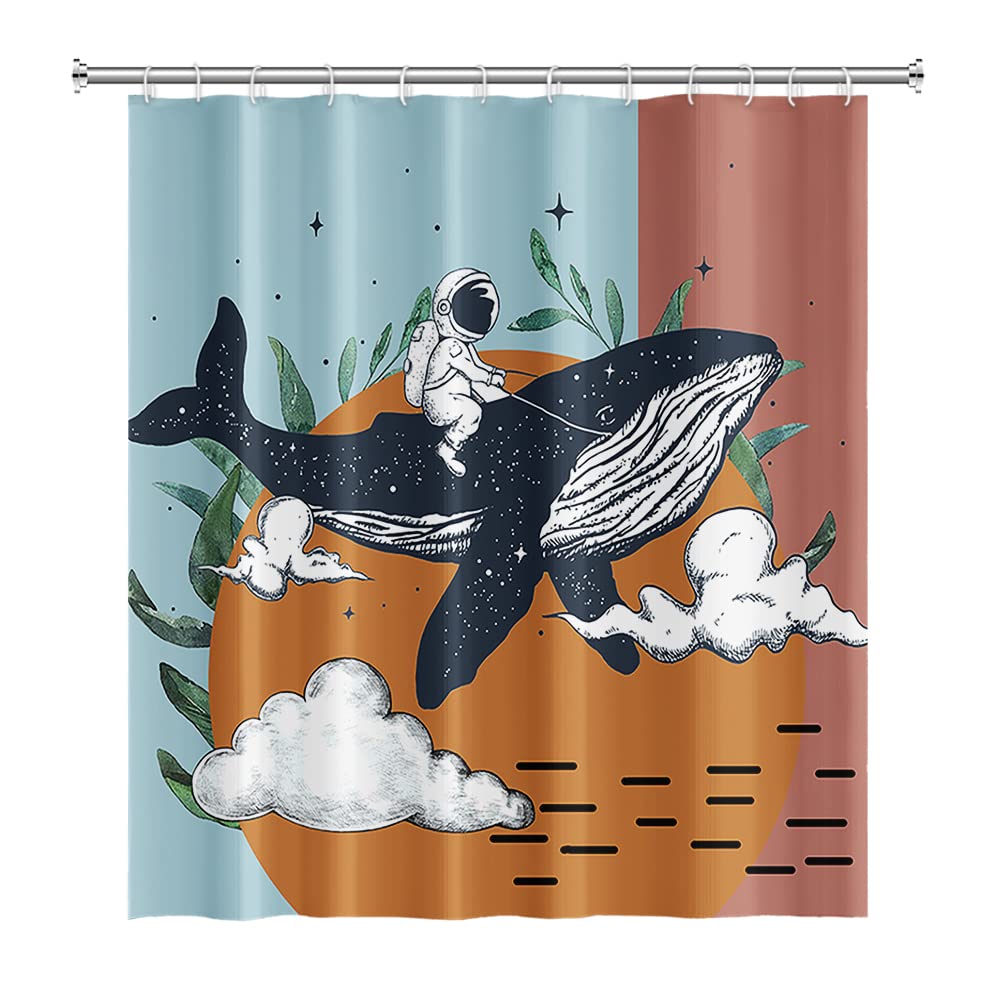 SDOTPMT 180x180cm Spaceman Whale Shower Curtain Cartoon Cute Astronaut Sea Animal Bath Curtain Abstract Circle Square Pattern Bathtub Curtain for Bathroom Fabric Polyester Waterproof with Hooks - Image 3