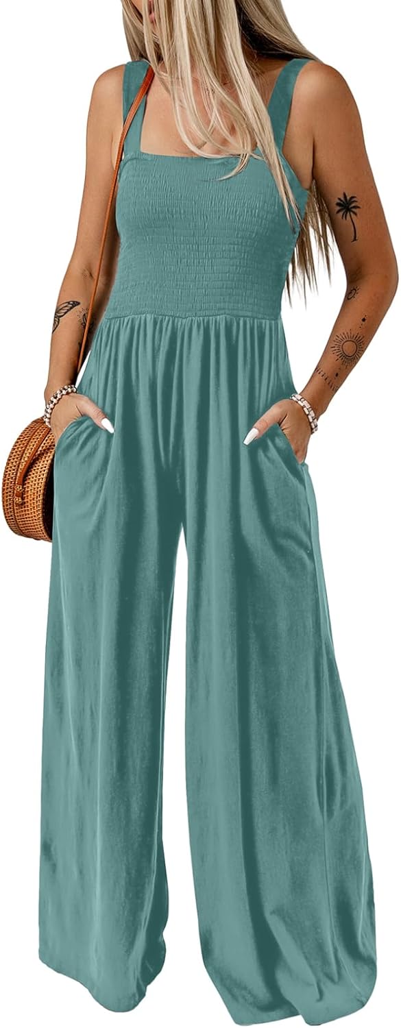 Casual, sleeveless jumpsuits with wide leg pant and pockets.