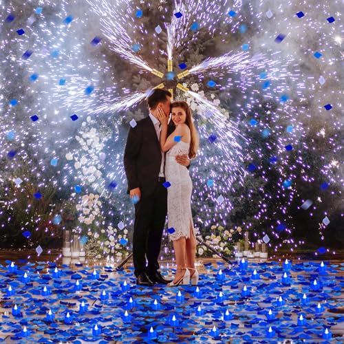 Image of Coume 6000 Pieces Artificial Rose Petal 72 Pieces LED Tealights Candle, Romantic Decorations Special Night Rose Petal Heart Candle for Valentines Wedding Anniversary Proposal Decor(Cute Blue Light)