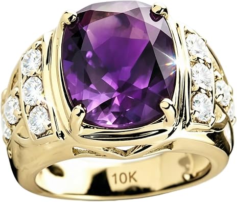 10K 14K 18K Gold Lab Diamond-Accented 6 Carat Mens Gemstone Ring Real Gold Cushion Cut Gemstone Engagement Anniversary Ring for Men Size 3-16