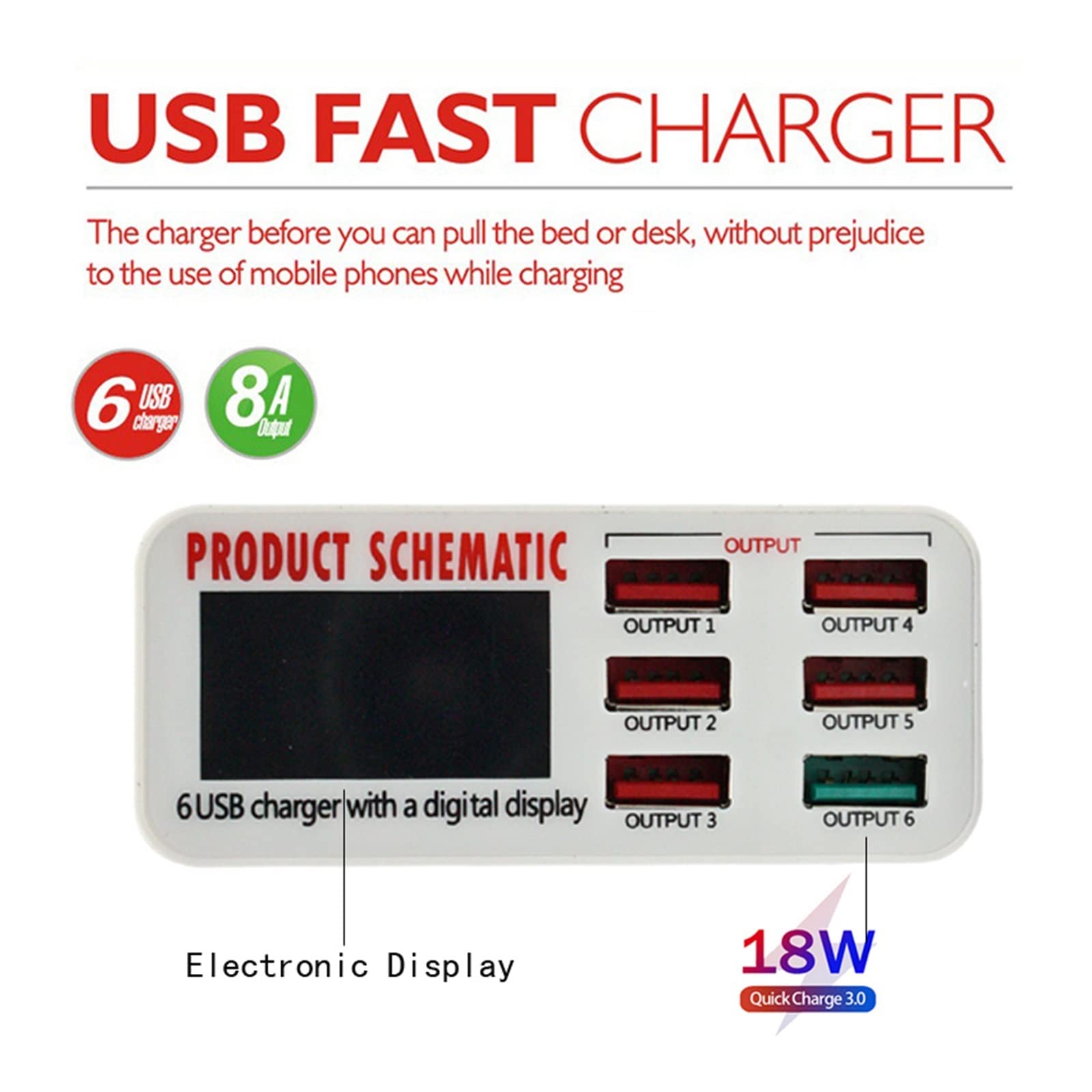 Ładowarka USB, 6A z cyfrowym wyświetlaczem LCD 6-portowa szybka inteligentna stacja ładująca do tabletów telefonicznych smartfonów, użytku w biurze domowym Przenośna konstrukcja(896)