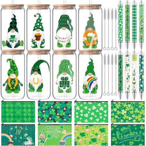 Mimorou 8 Sets St Patrick's Day Gift for Women 16 oz Shamrock Gnome Glass Cups with Straw and Lid Green Shamrock Makeup Bag Lucky Clover Ballpoint Pen Irish Leprechaun Tumbler for Party Family Friends by Mimorou - Used condition - US$22.11