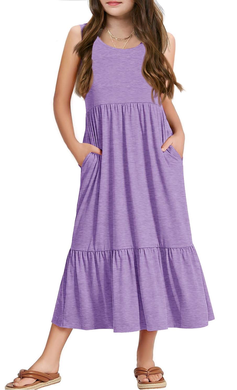 Vestidos de niña de verano sin mangas cuello redondo tirantes casual largo