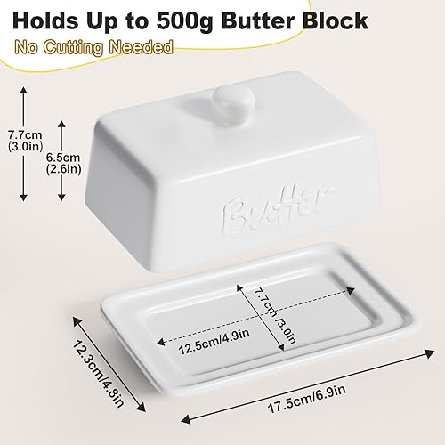 HONZUEN Large Ceramic Butter Dish with Lid for 500g & 250g Block, Butter Dish Keeper, Durable Porcelain Storage Box, Dishwasher Safe, Kitchen Container for Butter Cheese Snacks, White - 2