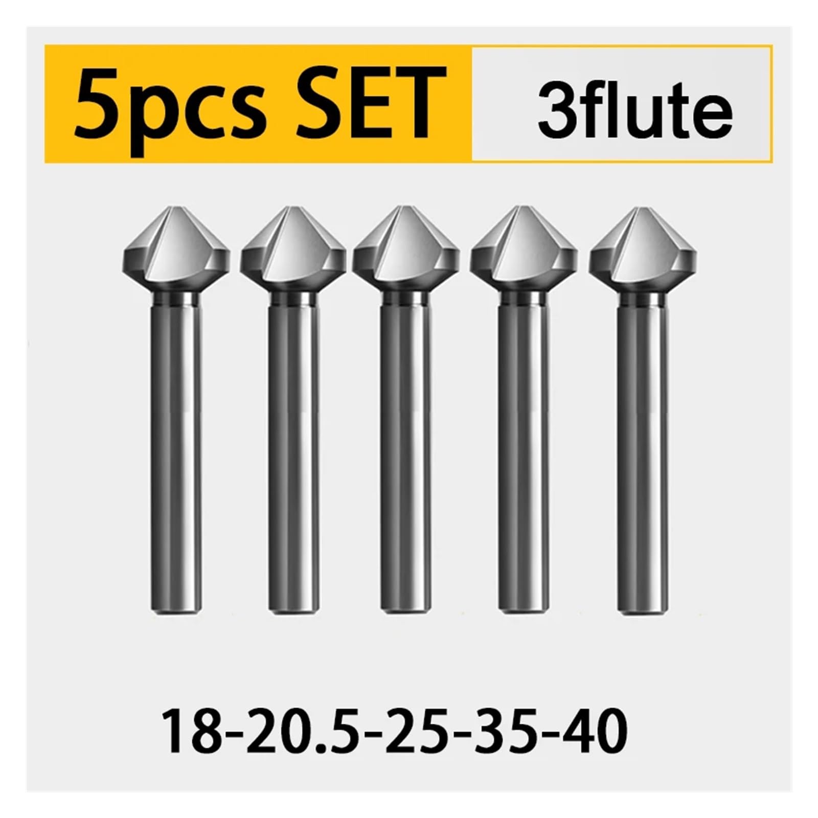 Broca avellanadora Fresa avellanadora de 3 flautas, avellanador 90 grados, eneldo HSS, cortador biselado, perforación agujeros acero, herramienta chaflán 4,5 a 50mm(5pcs-18-40)