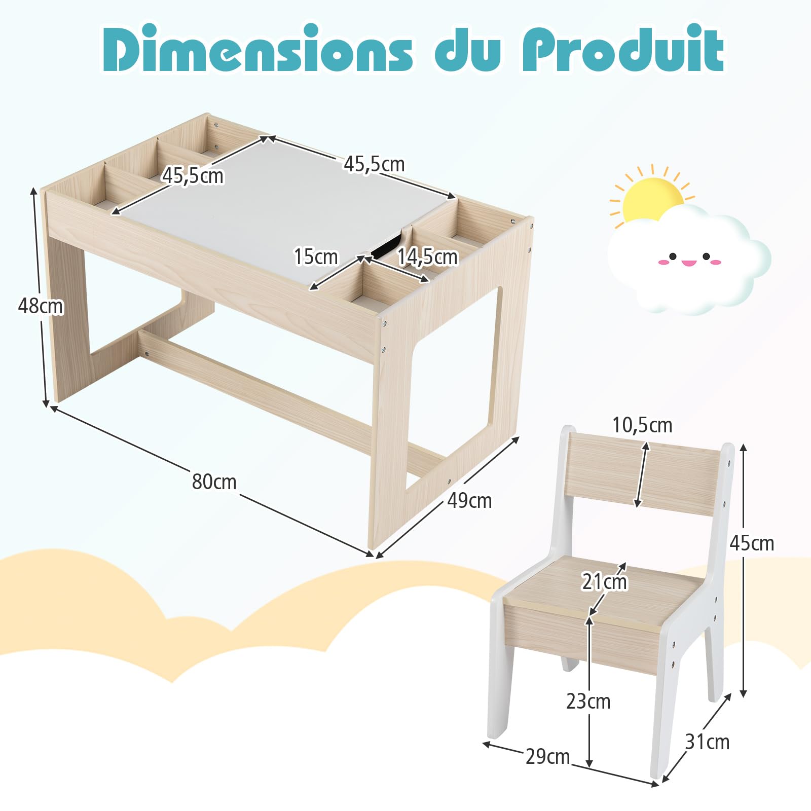COSTWAY Table Enfant avec 2 Chaises et Plateau Réversible, Table Enfant avec Rangement et 6 Compartiments Latéraux, Tableau Noir et Blanc pour Jouer Dessiner, Bureau à Dessin pour 3 Ans+ (Naturel)