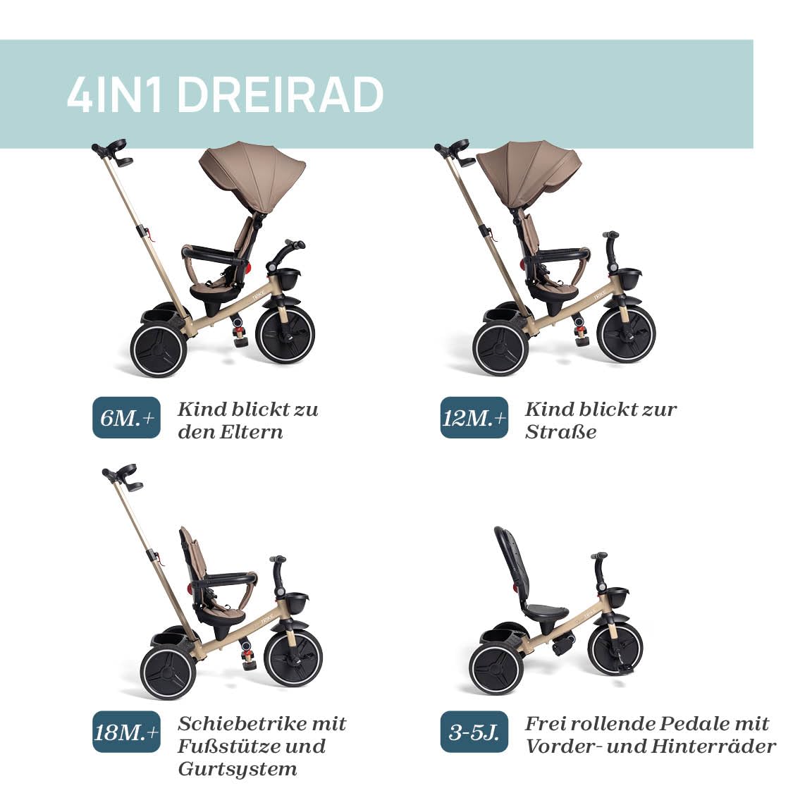 Chicco Spiel Dreirad 4in1, entwicklungsbegleitendes Dreirad von 6 Monaten bis 4 Jahren, abnehmbares Verdeck, Eva-Gummiräder, Teleskop-Schiebestange, leicht zusammenklappbar, Freilaufpedale