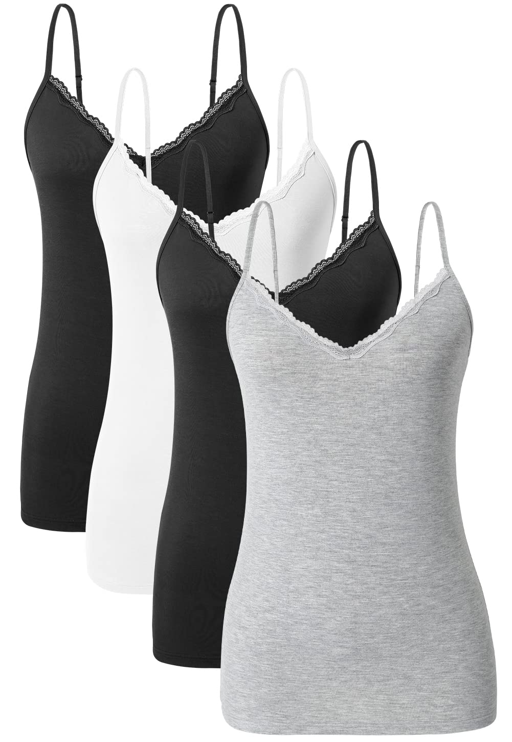 Ymmchy Damen Tanktop mit Spitzen Unterhemd Spaghettiträger Basic Top V-Ausschnitt Verstellbare Trägertop 4er Pack