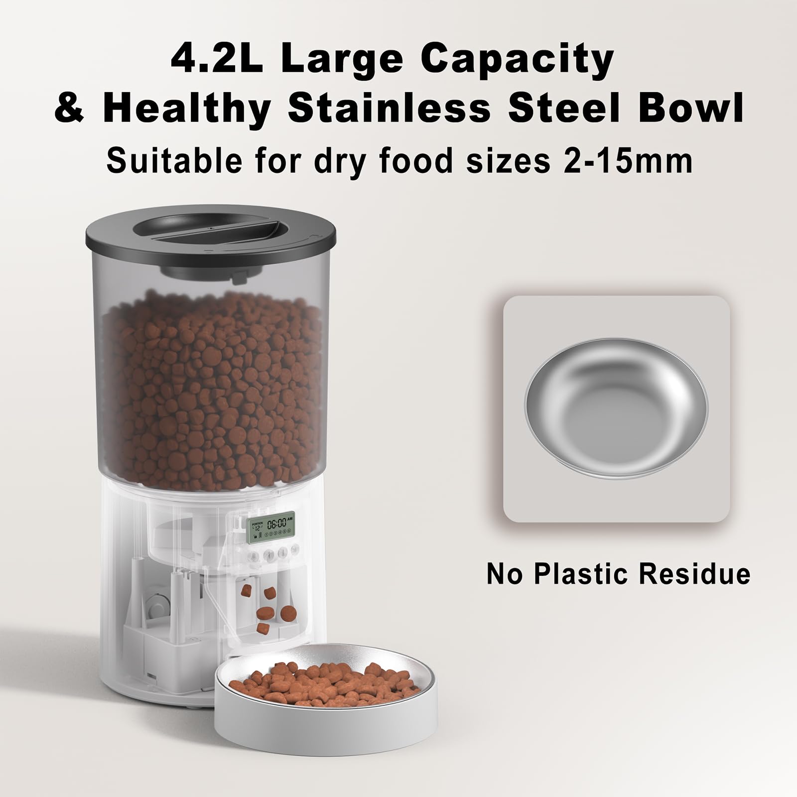 4.2L Automatic Cat Feeder,6 Meals/Day,Dual Power,Dry Pet Food Autofeeder Portion Control,Timer Setting,10S Voice Record (Transparent White, Stainless Steel Bowl) - image 7