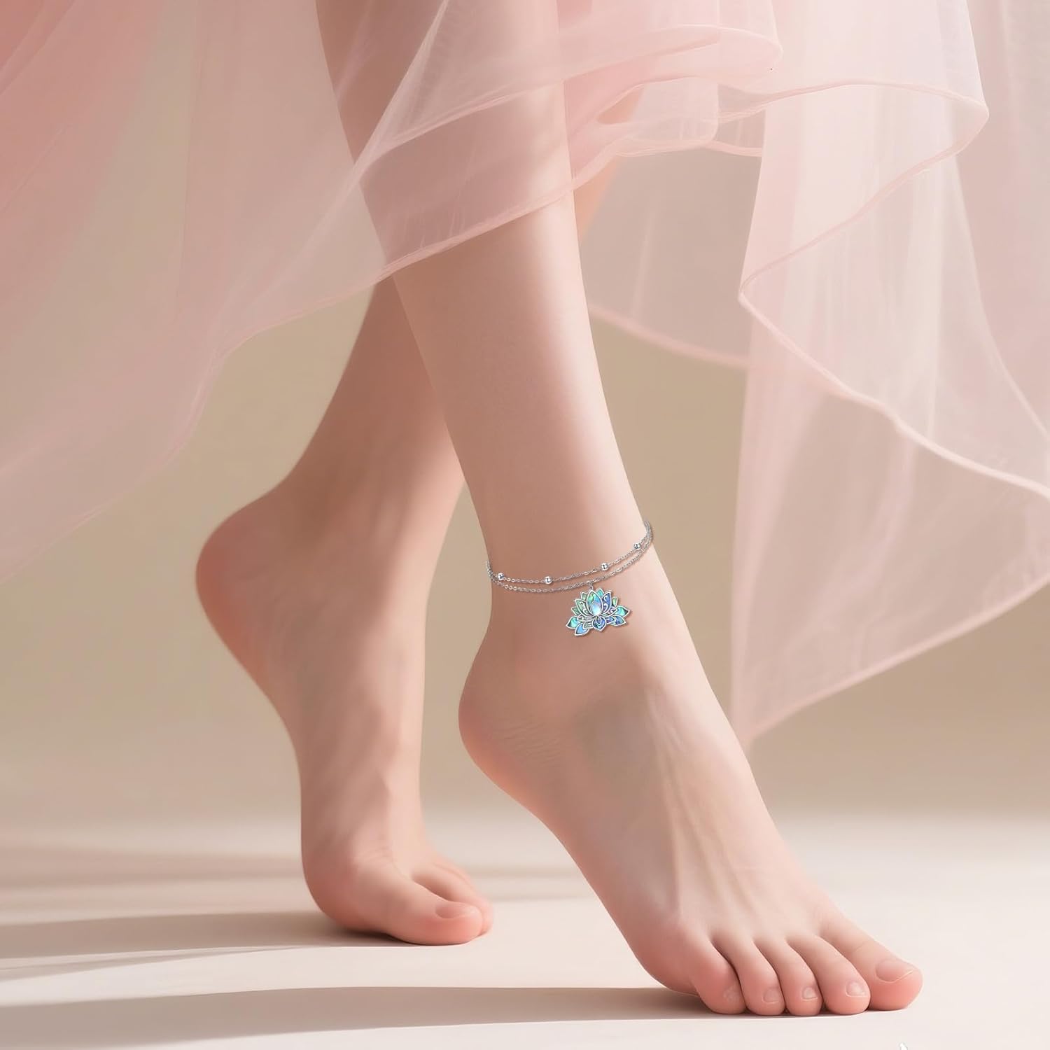 KZX Lotus Anklet 925 Sterling Silver Abalone Shell Lotus Layered Anklet Jewelry Gift for Women - Image 2
