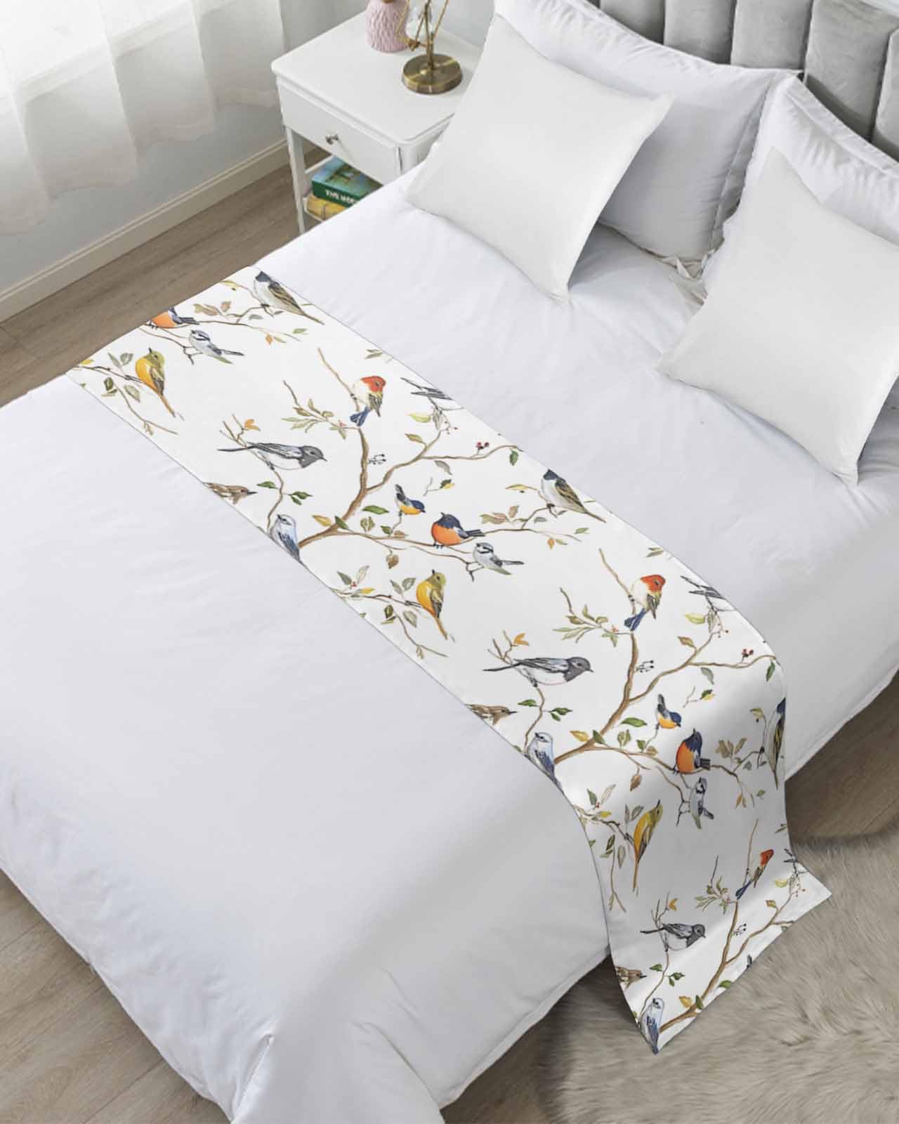 Spring Bird Bed Runner for Full/Queen Size, Retro Leaf Flower Branch Animal Watercolor Bedspread Protector Slipcover Bed Scarf for Foot Runners & Scarves for Bedroom Hotel Wedding Room 83x20 Inches