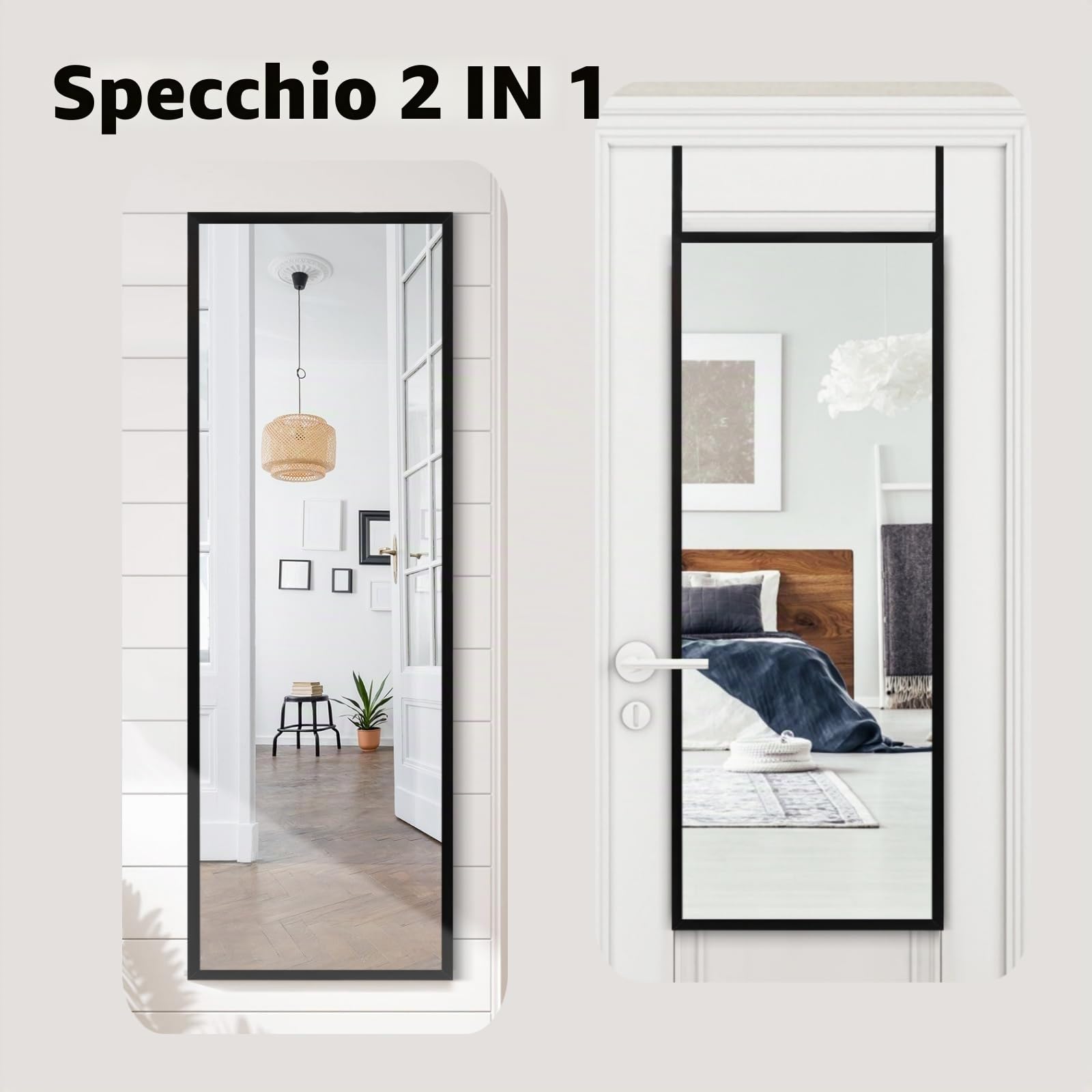 LIFEZEAL 2 in1 Specchio da Parete Lungo con Gancio Regolabile, Specchiera Rettangolare 107,4 x 36,5 cm per Soggiorno e Camera da Letto, Bagno, Moderno (nero)
