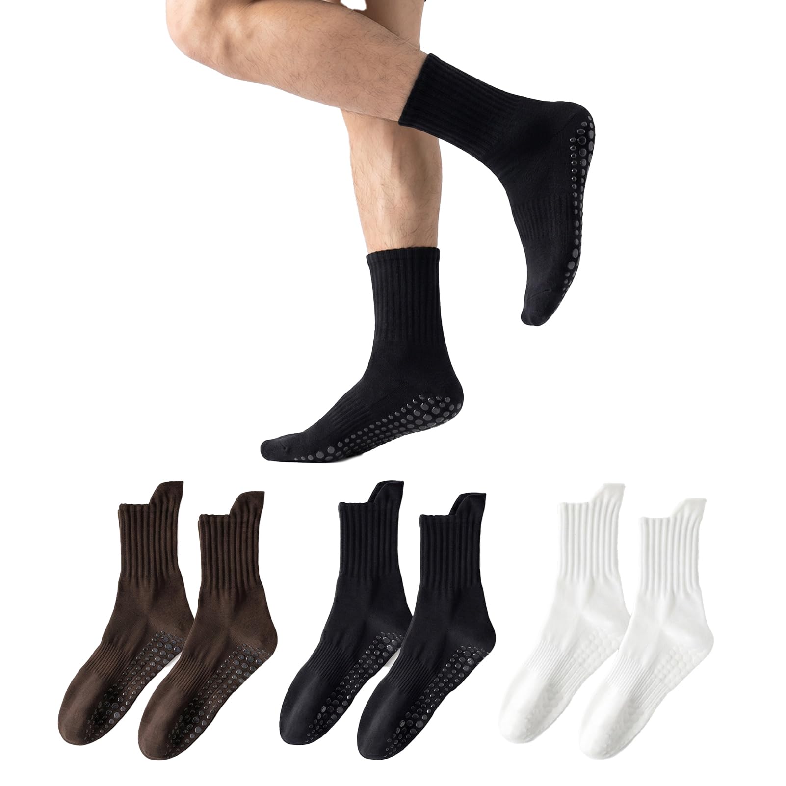 BOBPPOP 3 Pairs Pilates Socks with Grip for Men, Non Slip Yoga Socks, Gripper Socks for Reformer Pilates & Gym, for Sports Dance Ballet