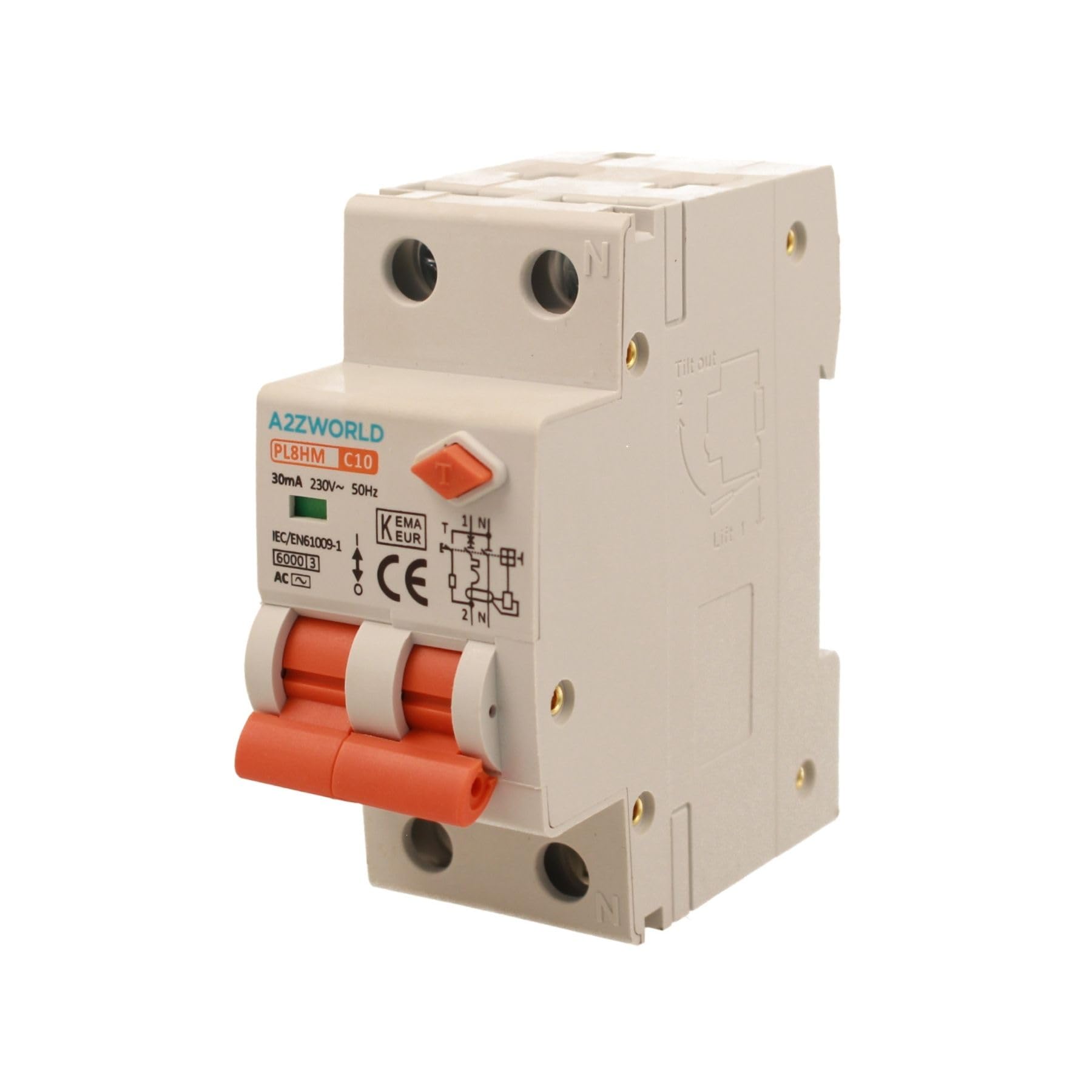 Interruptor magnetotérmico diferencial 30 mA 10 A C10, RCBO Tipo AC Curva C, 1P + N 6 kA 30 mA, 2 módulos DIN