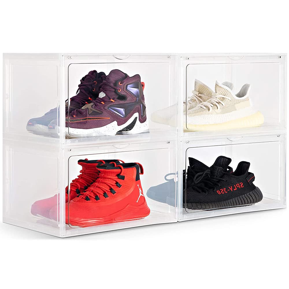 Plastic Shoe Storage Box Have Magnetic Suction Cover Stackable Clear Shoe Organizer Portable Flip Lid Dust Proof Shoes Container Drawer for Home Store (Side opening-4 pack)
