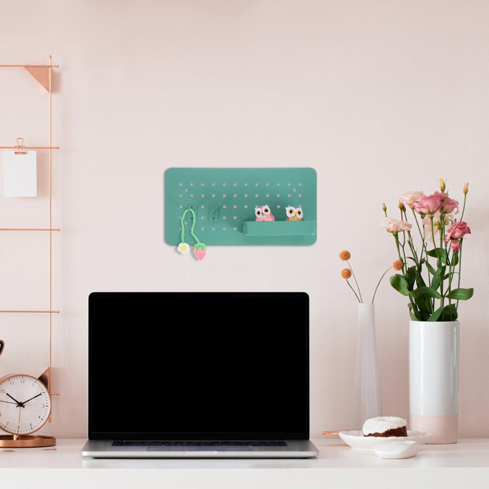 Organizador de Pared Tablero Perforado Pequeño 4cm Verde Menta con 2 Ganchos Dobles para Escritorio y Baño, Caja de Almacenamiento Metálica para Oficina y Hogar