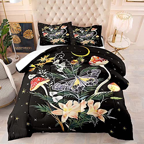 Edumeya Boho Butterfly Bedding Set Queen Size Botanical Flower Mushroom Starry Sky Star Pattern Comforter For Girls Galaxy Black 1Comforter 2Pillowcases #TOP6