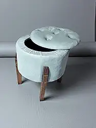 Puff baú Redondo, Estofado em Tecido Verde Claro, Pés em Madeira, Design Moderno, pix