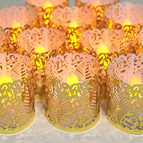 Frux Home and Yard FLAMELESS Tea Light Votive Wraps- 48 Gold Colored Laser Cut Decorative Wraps Flickering LED Battery Tealight Candles (not Included)