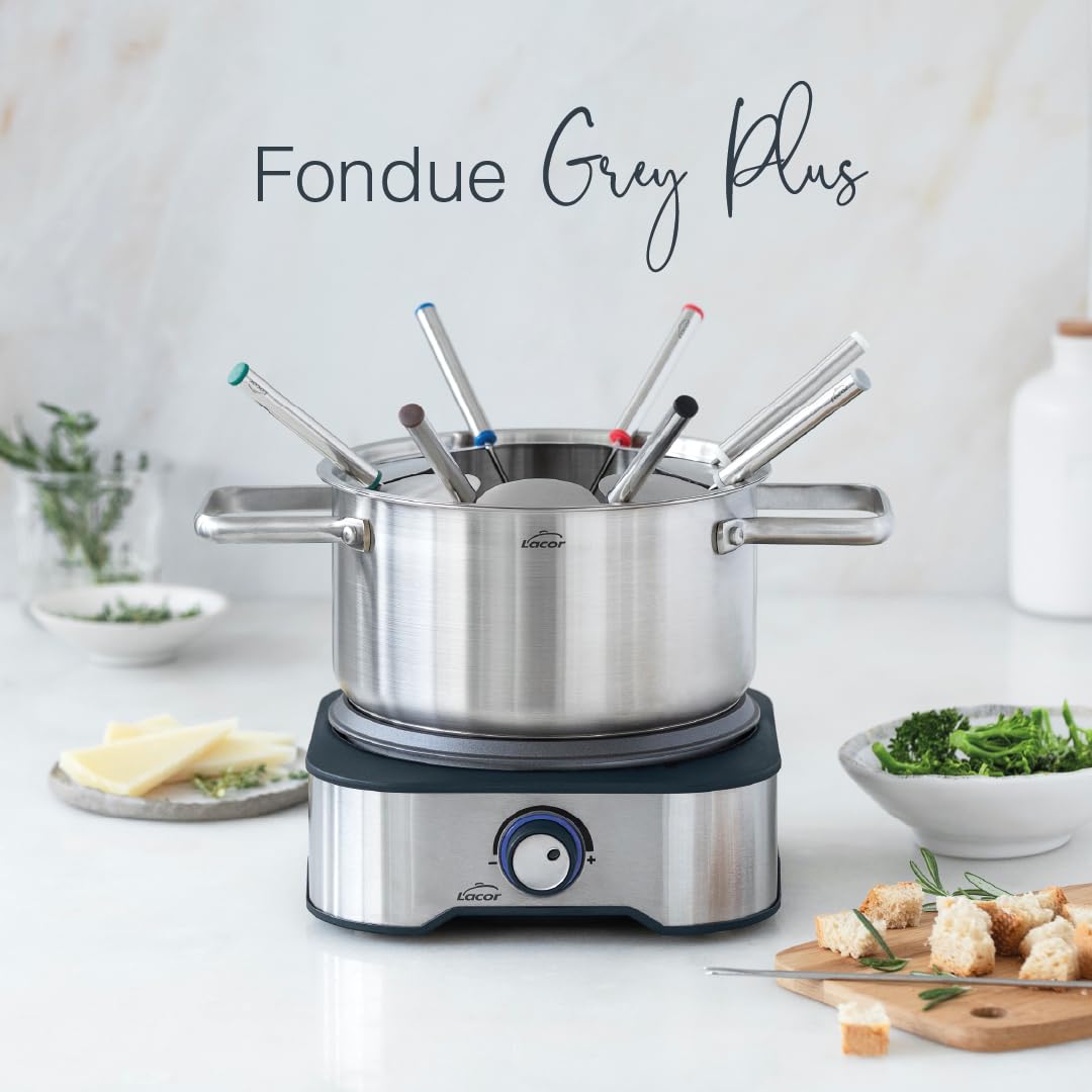 Lacor - 69399 - Fondue Eléctrica, Fundir Queso y Chocolate, con 8 Tenedores, Olla Desmontable, Fondo Termodifusor, Termostato Regulable, Acero Inoxidable, 1500W