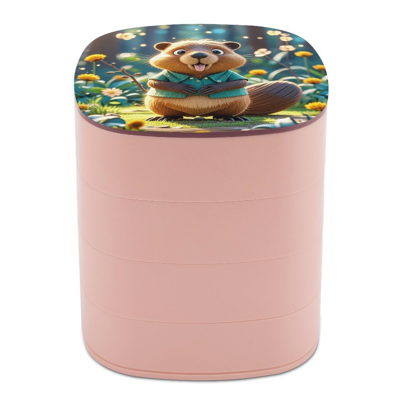 LZQPOEAS Cartoon Animated Beaver Jewelry Box with Mirror 4-Layer Rotating Travel Jewelry Case Small Jewelry Organizer Portable Jewelry Storage Box Rings Stud Necklaces Earring Holder for Women