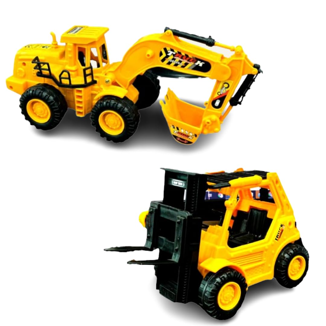 TECHNO TOYS Construction Truck Vehicles for Kids | Friction Powered Vehicles with Flexible Joints Excavator Forklift Toys/Big Wheeler Heavy Duty Unbreakable Toy for Kids (JCB & Forklift)