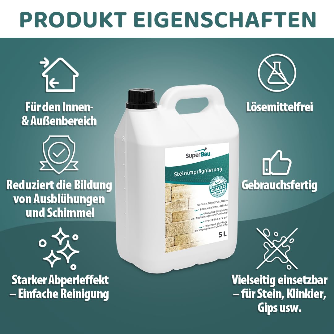 Steinimprägnierung 20L, Außen & Innen, Steinversiegelung für Naturstein, Stein, Klinker & Putz, Benzin- & Lösemittelfrei, Imprägniermittel gegen Grünbelag, für Steinplatten, Pflasterstein