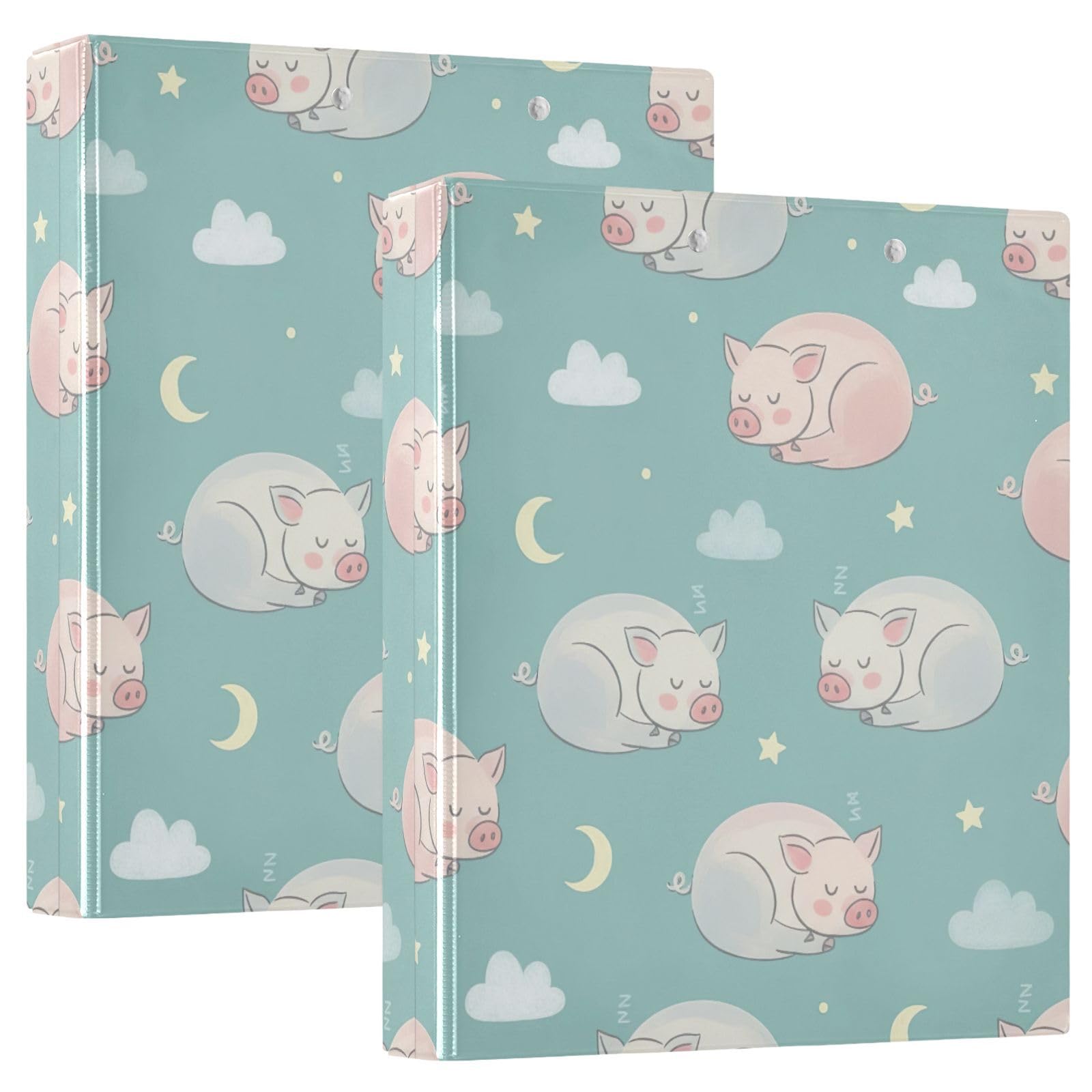 Lot de 2 classeurs à 3 anneaux en D flexibles de 3,8 cm Motif cochons Bleu sarcelle pastel