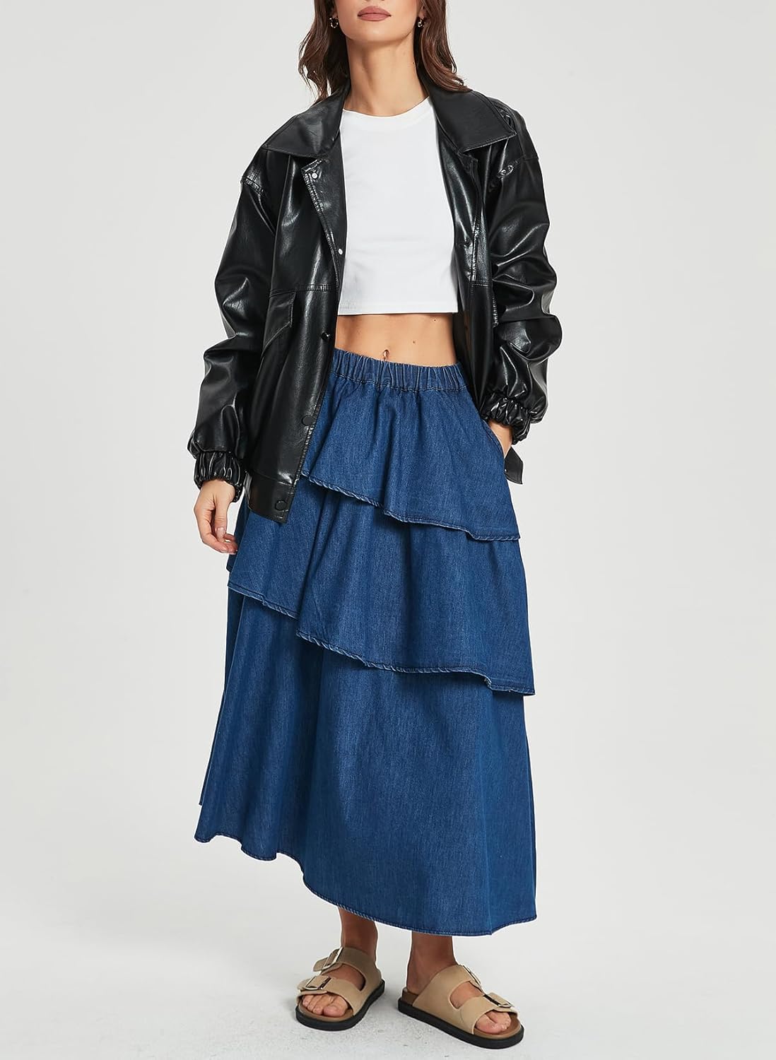 Ladyful Women's Long Denim Skirt Tiered A-Line Elastic High Waist Swing Jean Skirts Asymmetric Hem with Pockets