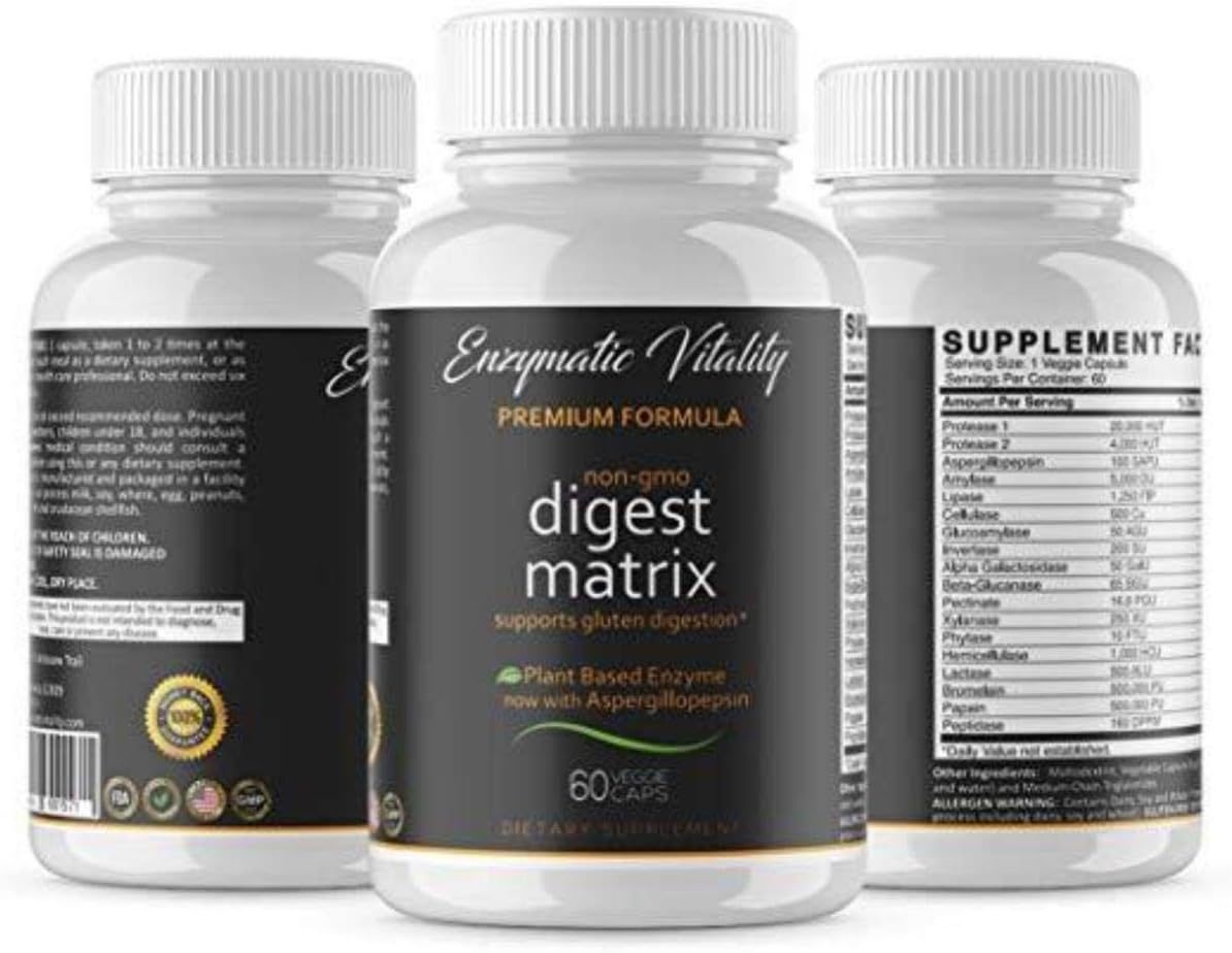 Enzymatic Vitality Digestive Enzymes Digest Matrix Enzyme Complex Plant Based Gut Health to Reduce IBS Leaky Gut Bloating Acid Reflux Indigestion & Heartburn 60 Veggie Capsules