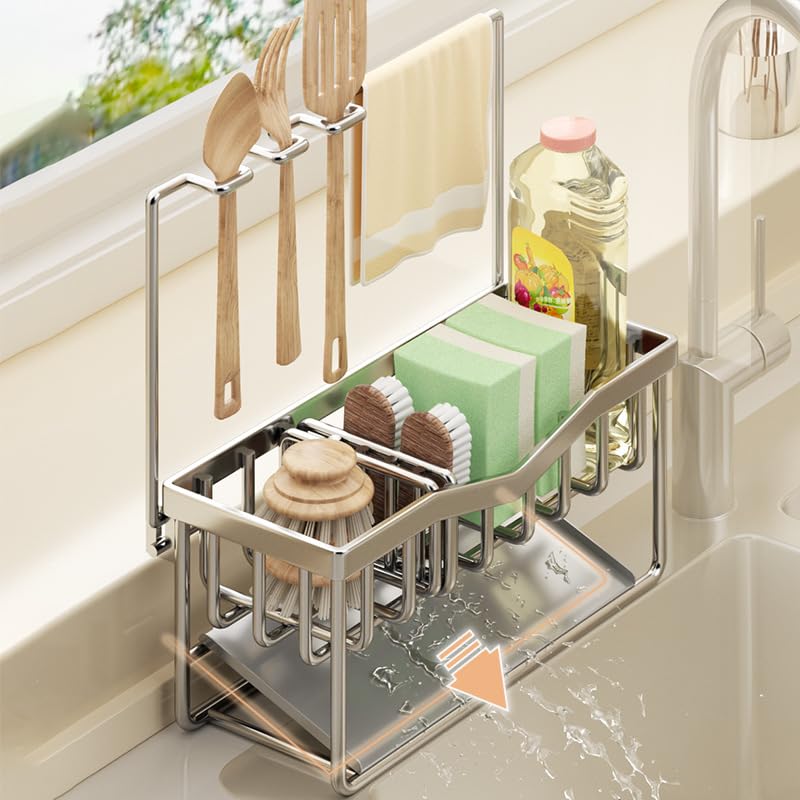 SUMFGO Kitchen Sink Sponge Holder - Rustproof 304 Stainless Steel Caddy with High Brush Holder - Dish Organizer Divider for Clean and Tidy Sink (B)