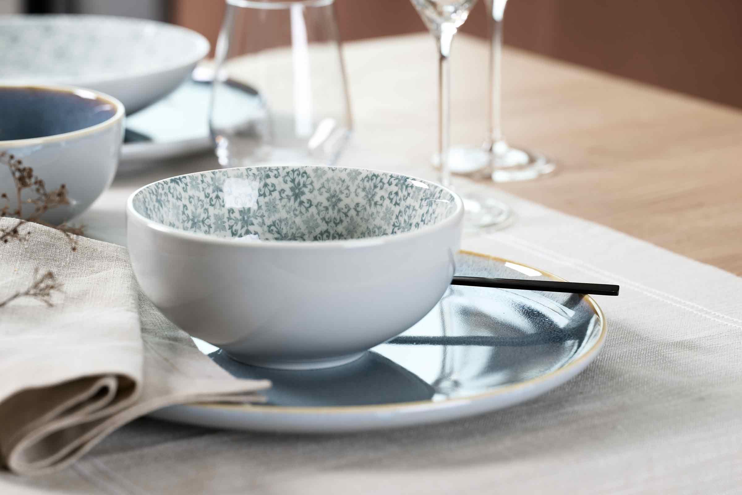 Ritzenhoff & Breker Porto Müslischalen 6er Set | Ø 15 cm | Schalen für Salate und Desserts mit folkloristischem Muster | Porzellan | Spülmaschinen- & Mikrowellengeeignet | Graublau