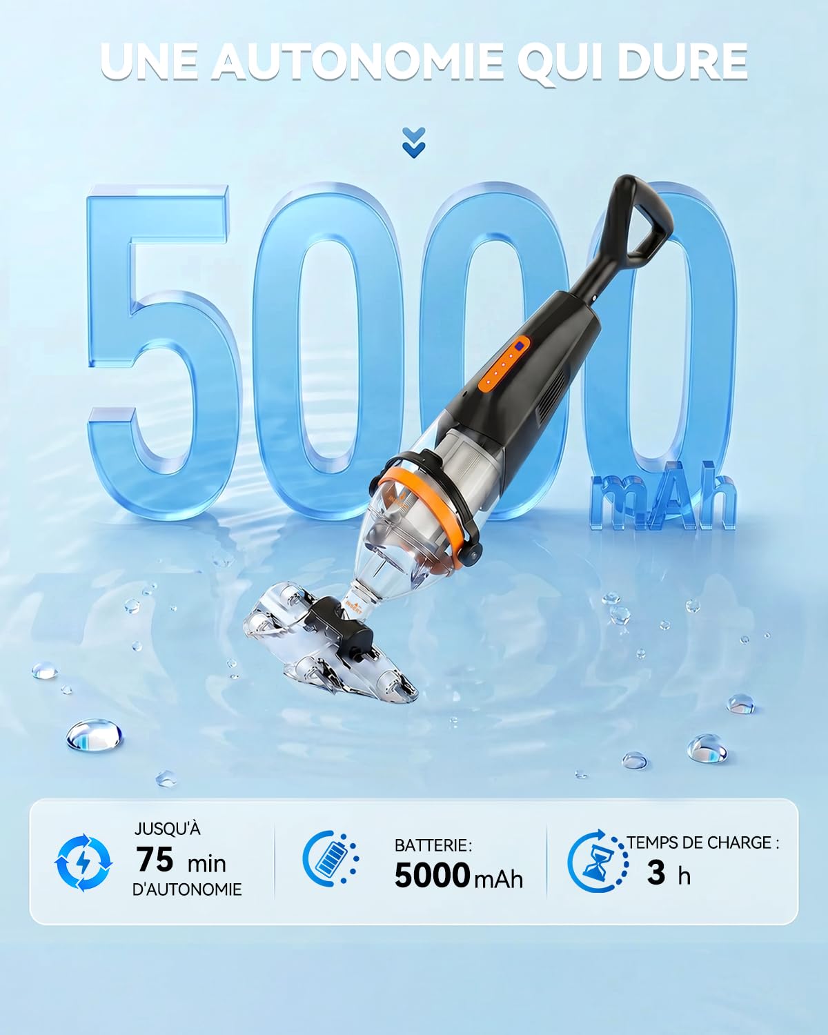 Aspirateur de Piscine sans Fil avec Télécommande sans Fil, Aspirateur Piscine Hors Sol 4200 L/H, 75 Min d'Autonomie, Bac Rigide, Longueur Maximale 235 cm, Adapté aux Piscines et Spas