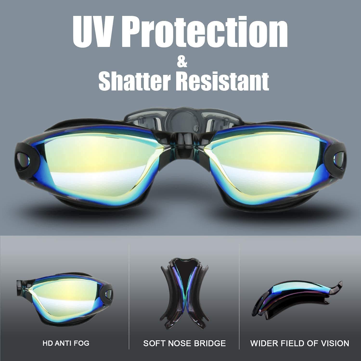 Schwimmbrille, verspiegelt, 3 Größen, austauschbarer Nasensteg (nur 2. Generation), beschlagfrei, UV-Schutz, kostenlose Nasenklammer, Ohrstöpsel, Netzbeutel, kein Auslaufen, verstellbar