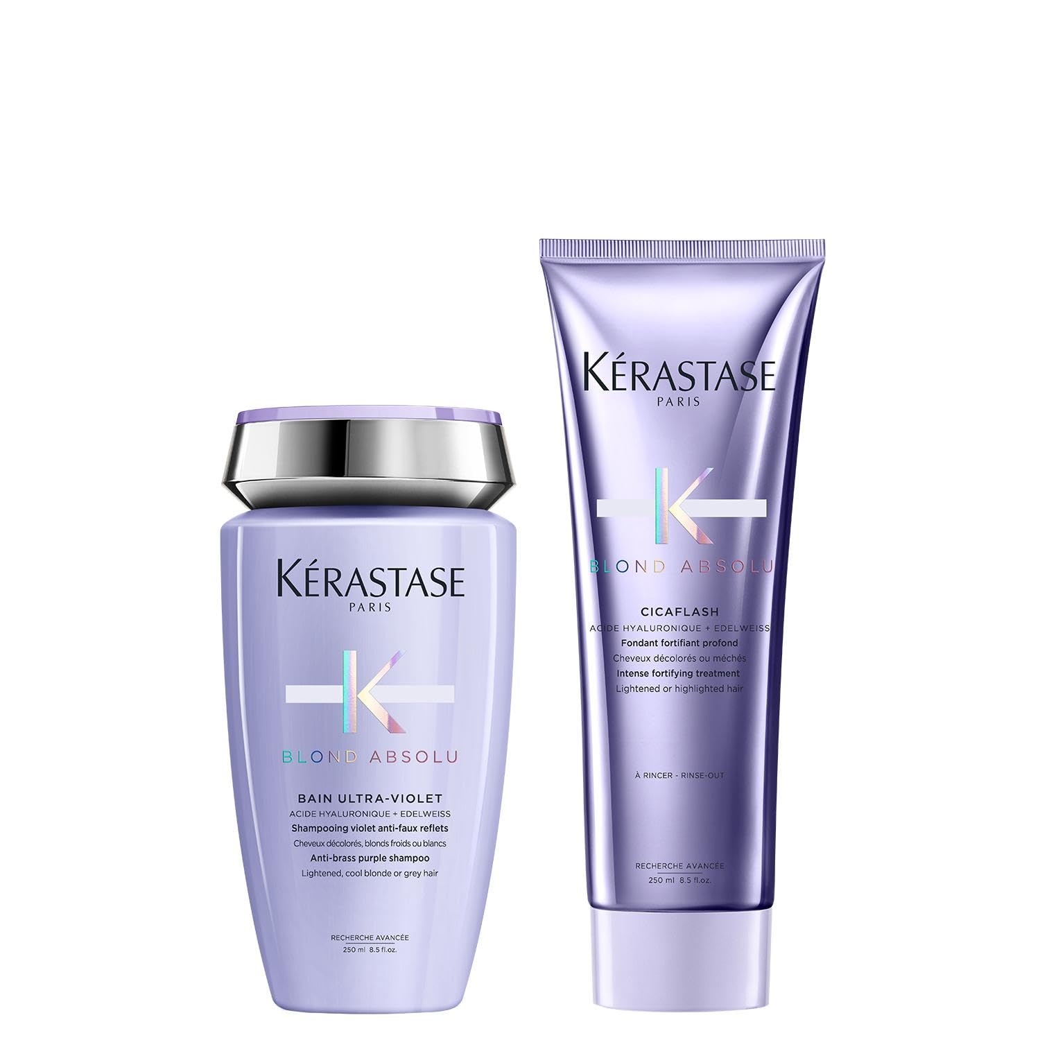Kérastase Pflegeset mit Anti-Gelbstich Shampoo und Haarspülung für strapaziertes und ausgeblichenes Haar, Mit Hyaluronsäure, Bain Ultra-Violet & Cicaflash Conditioner, Blond Absolu (2 x 250 ml)