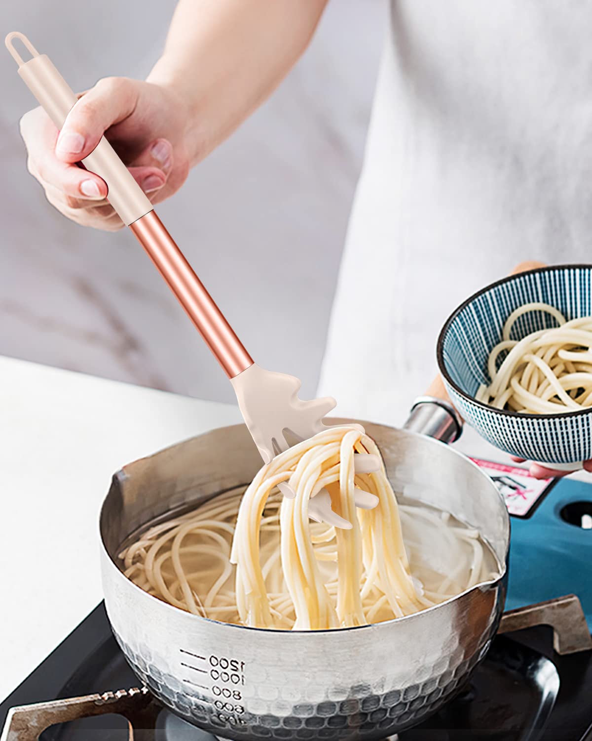 Confezione da 2 forchette per pasta in silicone, resistenti al calore, senza BPA, ottimi strumenti di cottura (FB-109-RG-BK)