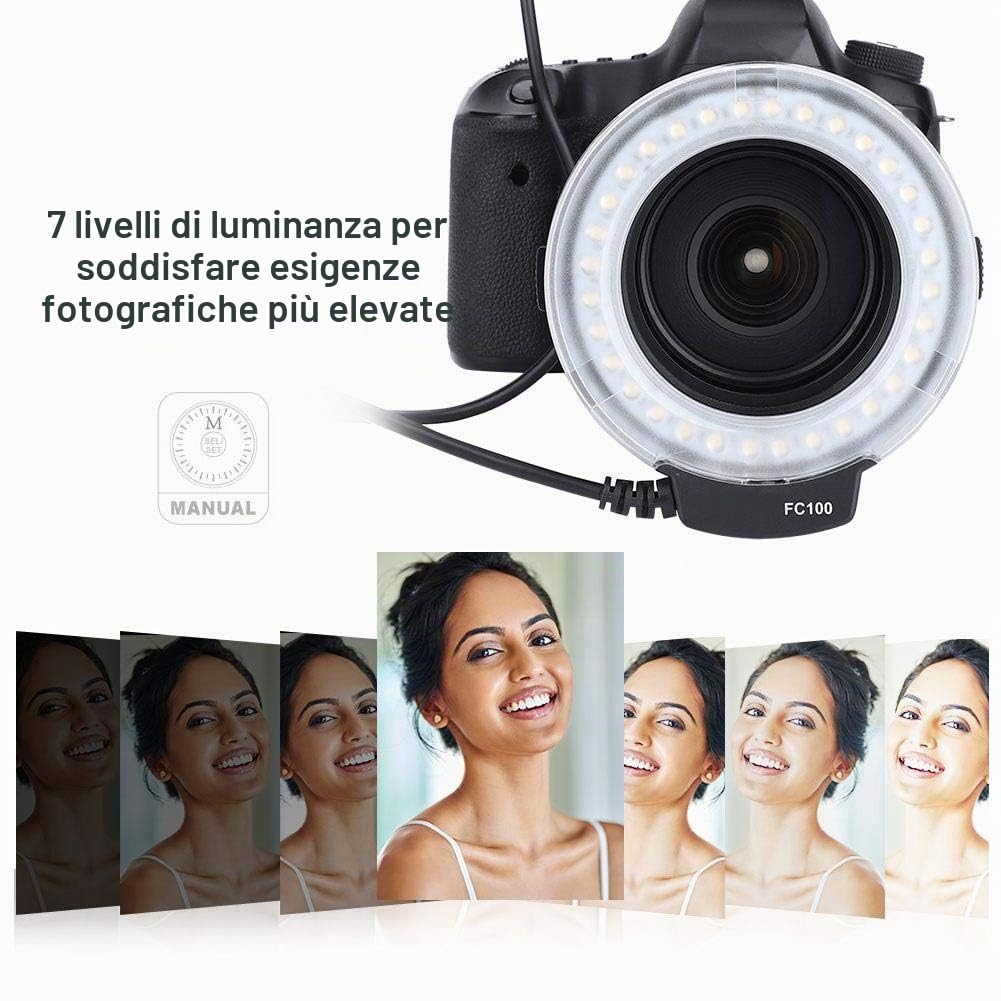 Topiky per FC-100 Portable LED Macro Ring Flash,5500K Regolazione luminosità Videocamera Kit Luce di riempimento con 8 adattatori Anello e Controller per per