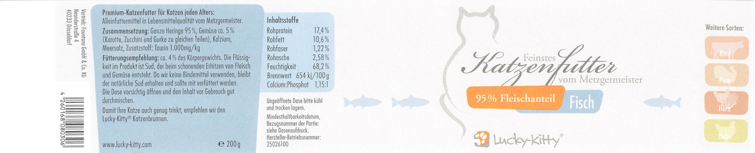 Lucky-Kitty Katzenfutter Nass, 95% ganzer Hering, Monoprotein, 16x200g | Ohne Getreide & Zucker, Lebensmittelqualität, Für Katzen & Kitten, Hering aus der Nordsee, Ohne Zusätze, Made in Germany